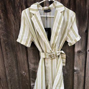 Prettylittlething Green Stripped Plunge Romper